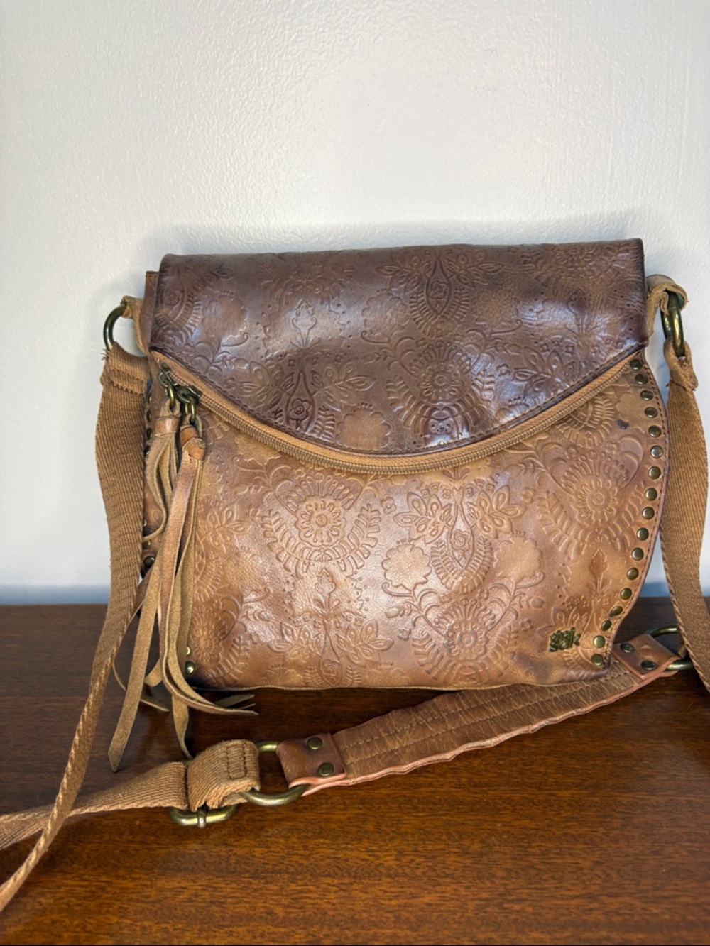 The Sak Embroidered Brown Leather Crossbody Bag